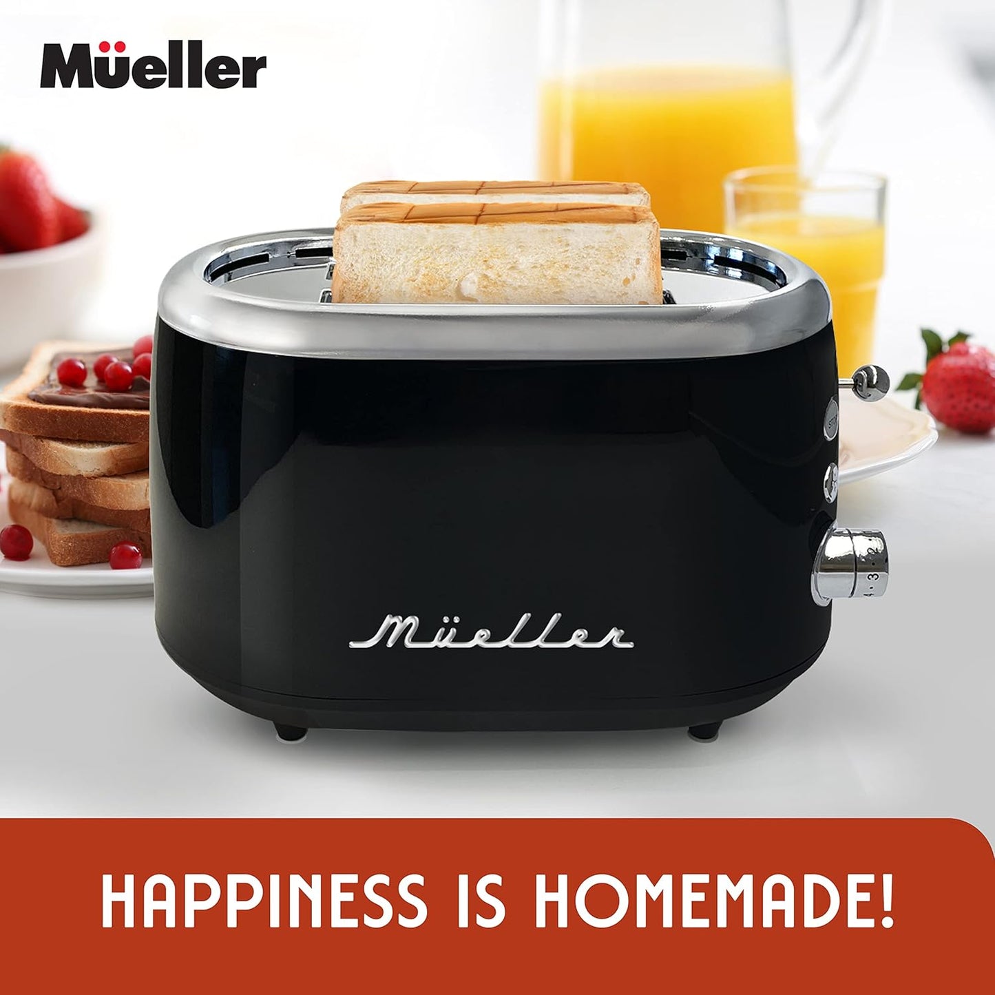 MUELLER HOME Retro 2-Slice Toaster - 7 Browning Levels, Stainless Steel, Black Finish