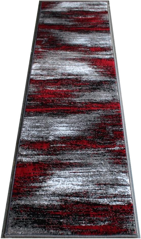 Masada Rugs, Modern Contemporary Runner Area Rug, Red Grey Black (2 Feet X 7 Feet)
