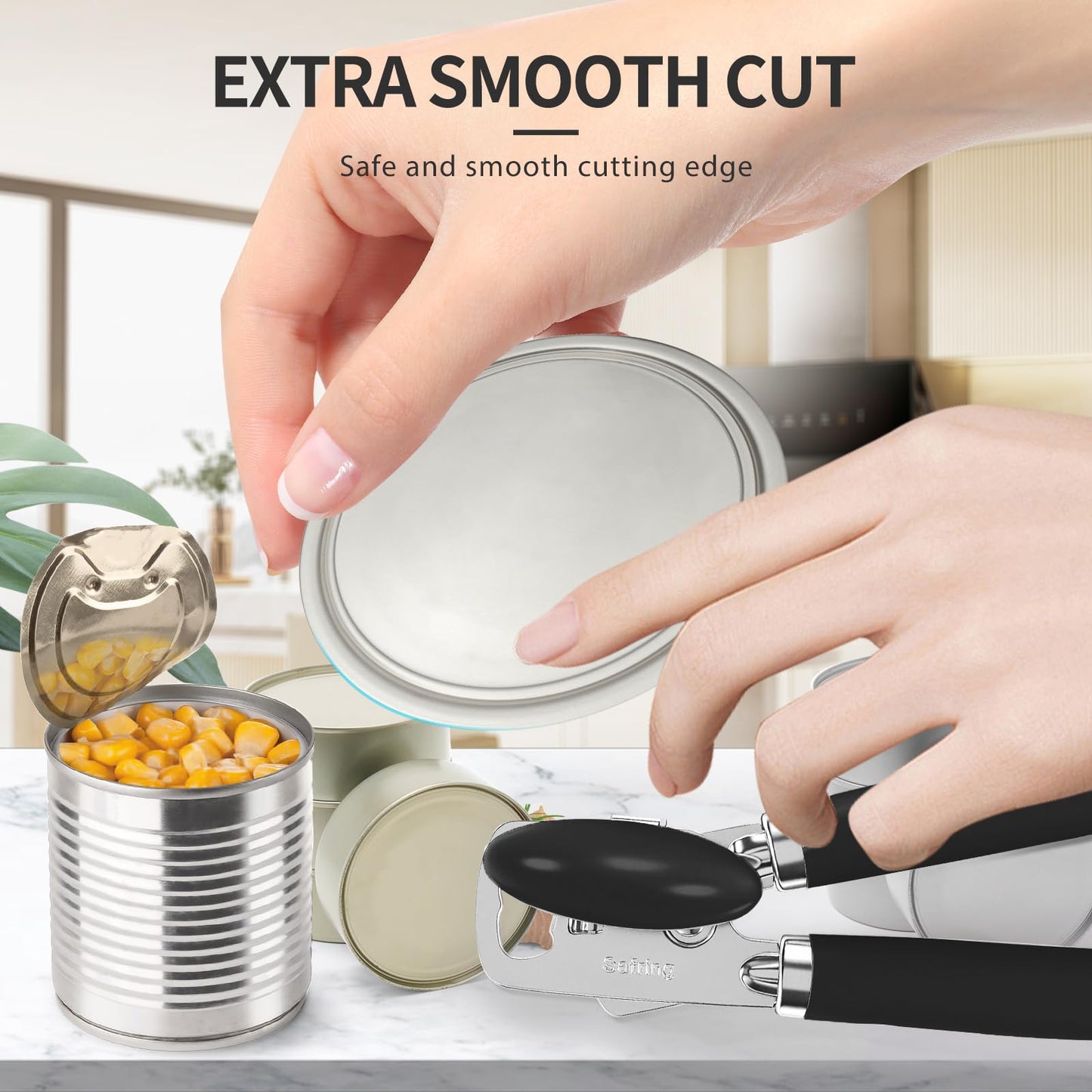 Safring Can Opener Manual, Heavy Duty Stainless Steel Smooth Edge Can Openers With Soft Touch Handle, Oversized Handheld Easy Turn Knob, Multi-Function Bottle Opener, Black