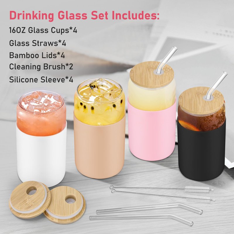 sungwoo Glass Cups with Lids and Straws, 4 Pack 16OZ Iced Coffee Cups with Silicone Sleeve, Glass Tumbler with Straw and Bamboo Lid, Home Essential Drinking Set for Juice, Cocktail and Latte 4 Colours