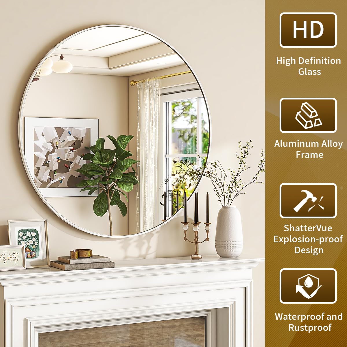 VETROVUE White Round Mirror, 30 Inch Bathroom Mirror with Metal Frame, Wall Wall-Mounted for Entryway, Bathroom, Vanity, Living Room