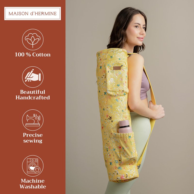 Maison d' Hermine Yoga Mat bag Cylindrical bag for Woman & Men yoga mat Bag & Adjustable shoulder straps Yoga Mat Carrier Bag with Water Bottle Pocket Mothers Day Gifts - Colmar - Yellow