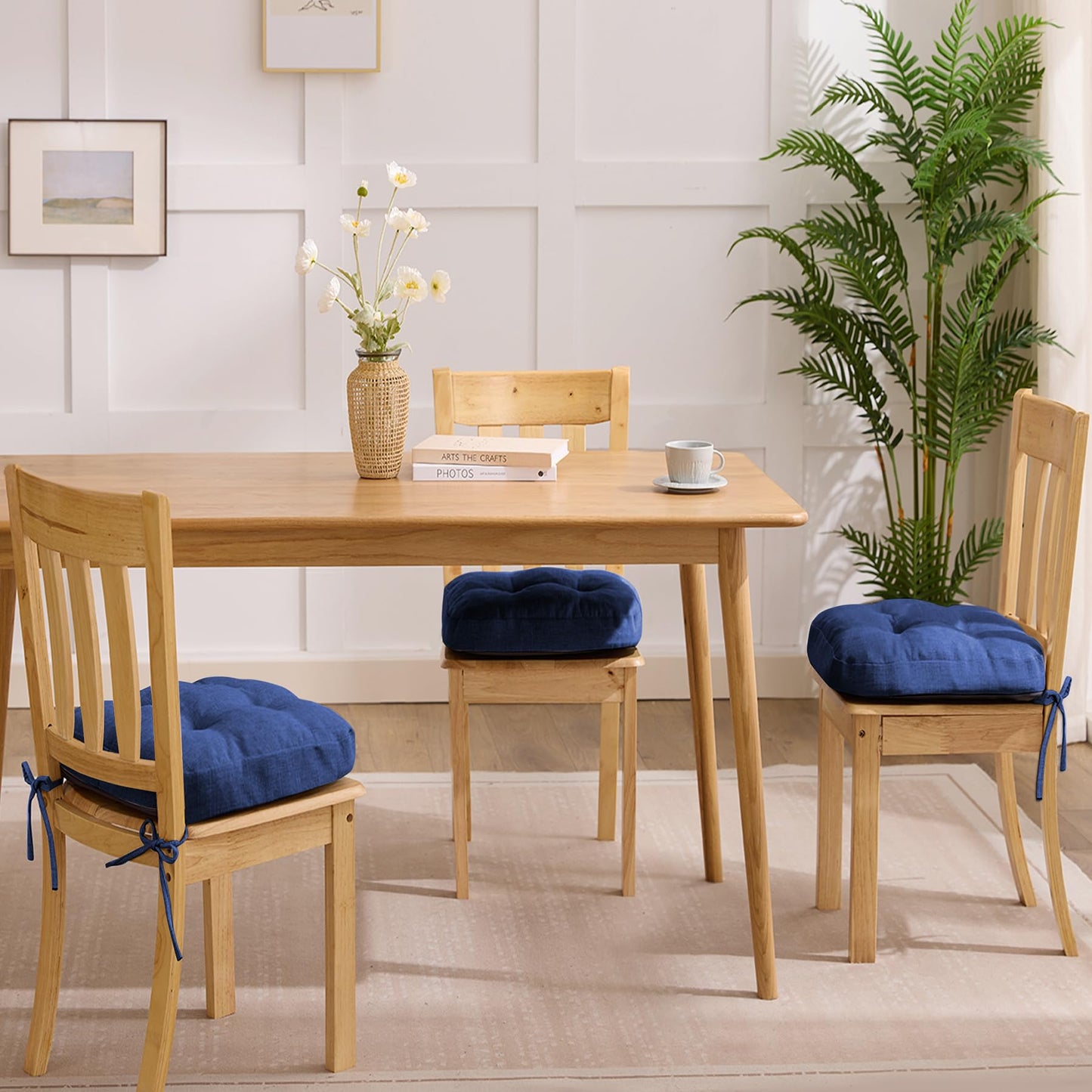 IASEAHK Chair Cushions for Dining Chairs, Dining Chair Cushions, Tufted Indoor Chair Pads with Ties & Non Slip Backing, Seat Cushions for Kitchen Chairs 16.5” x 16.5” x 3.5”, Set of 6, Navy Blue