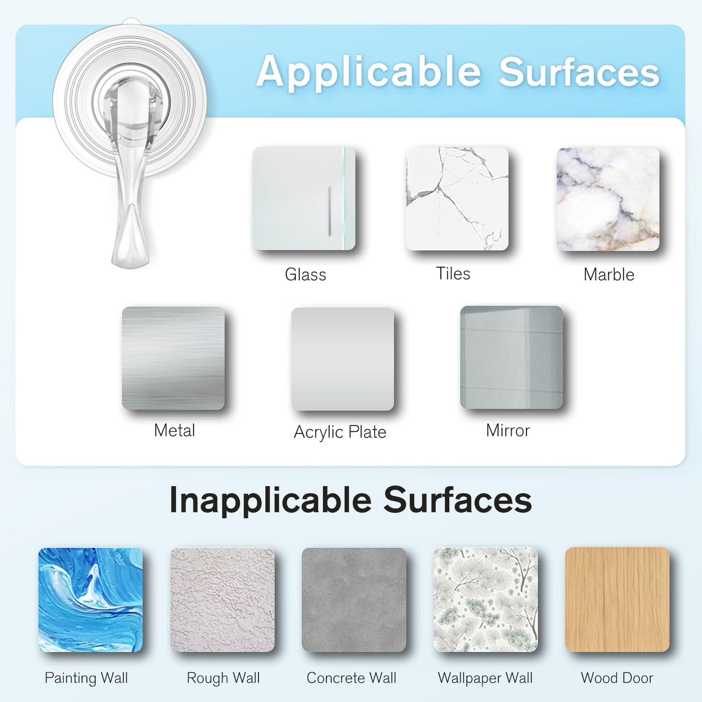 VIS'V Large Suction Cup Hooks with Wipes, Heavy Duty, Removable and Reusable, Clear, 5 Pcs