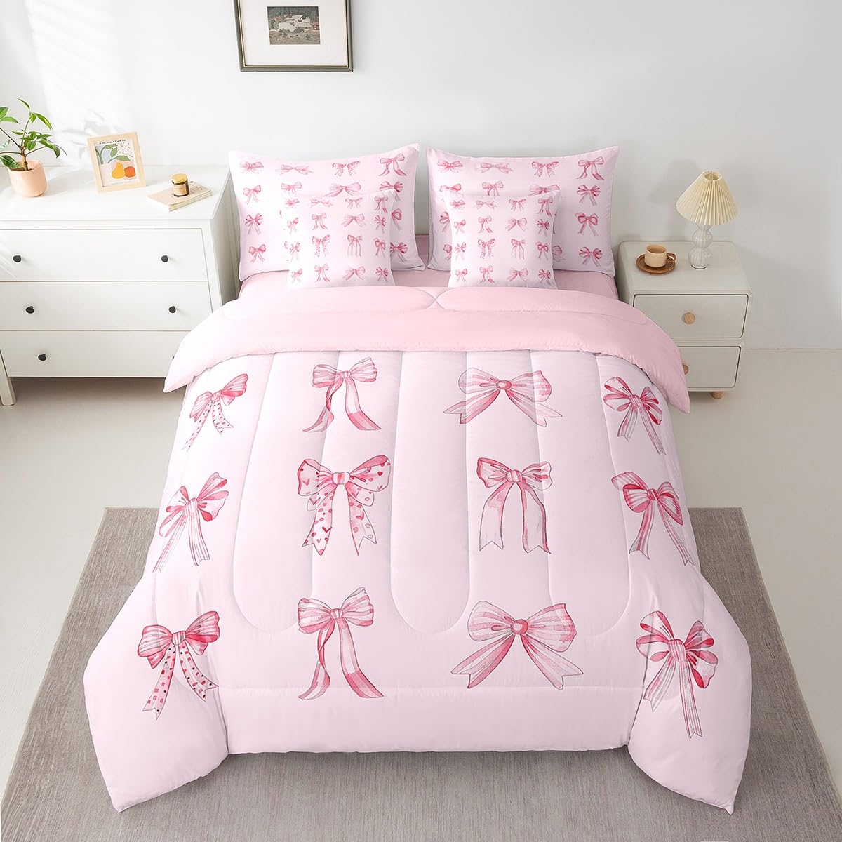 Feelyou Pink Bowknots Decoration 7 Piece Bedding Set Twin Size for Girls Pink Bow Dreamy Kids Bed in a Bag Girly Pink Bed Set