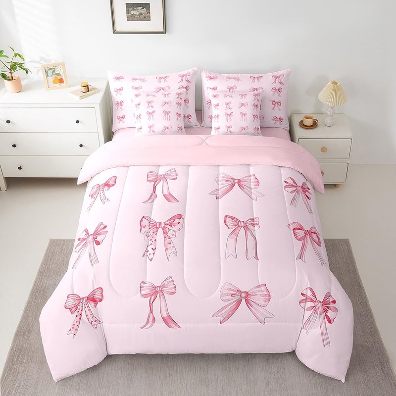 Feelyou Pink Bowknots Decoration 7 Piece Bedding Set Twin Size for Girls Pink Bow Dreamy Kids Bed in a Bag Girly Pink Bed Set