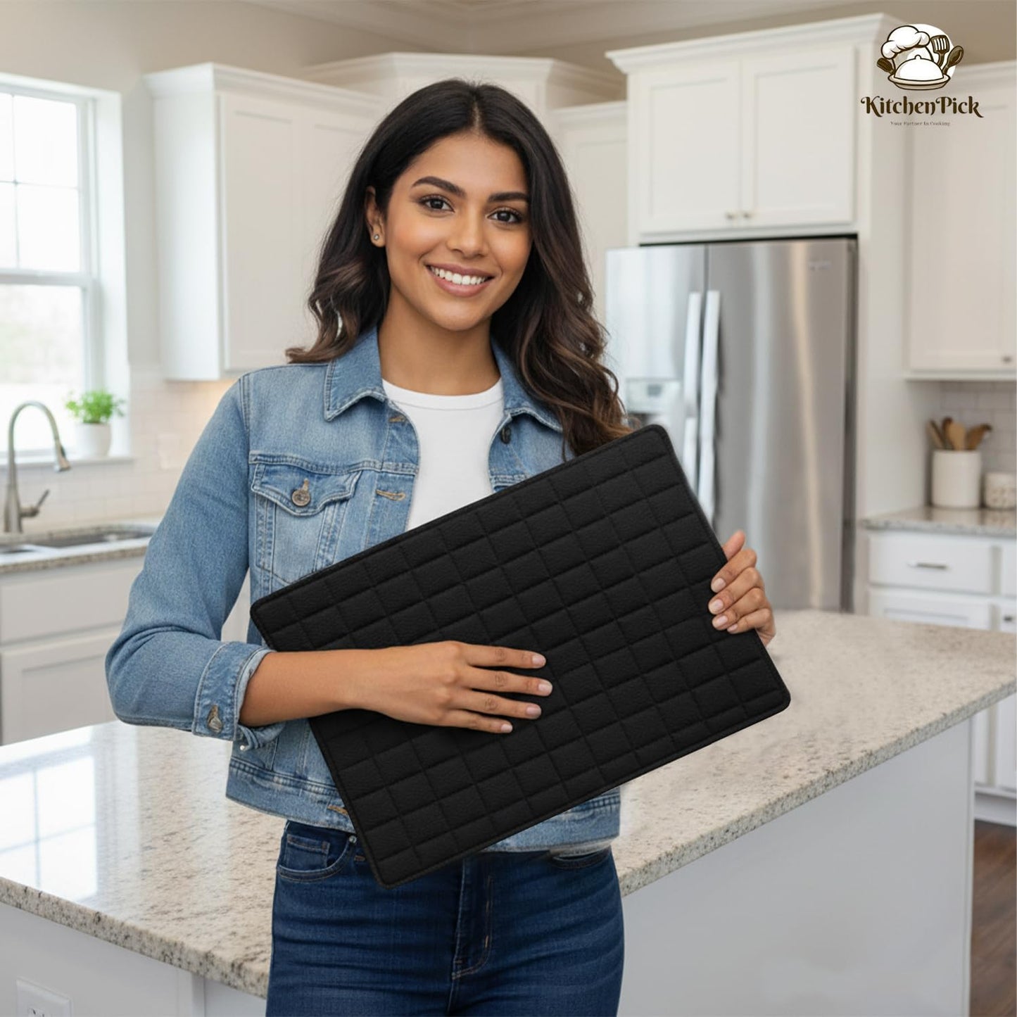 KitchenPick Microfiber Dish Drying Mat 15" x 20", Large Water-Absorbent Dish Drying Mat, Soft Quick-Dry Mat for Sink Dishes, Pots and Pans, Machine Washable Black Dish Drying Matt Kitchen Counter