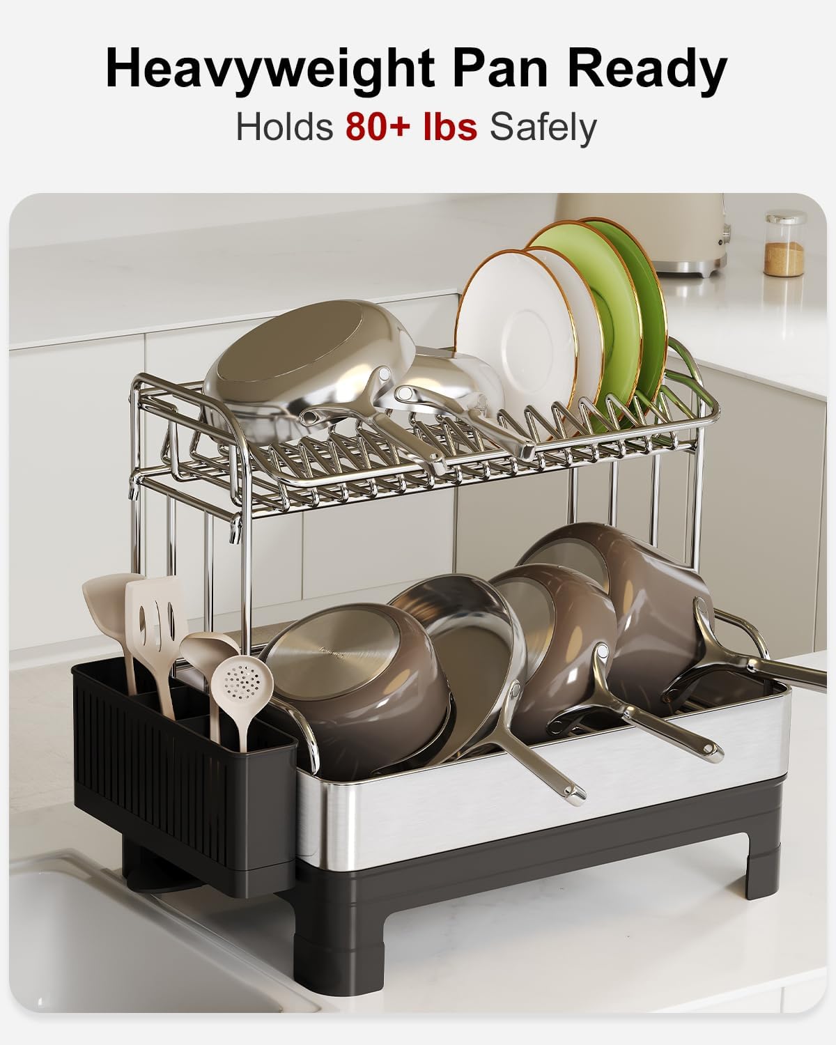 Skiennix Extra Large Stainless Steel Dish Drainer - Modern Black & Silver, Rust Proof, Space Saving Design