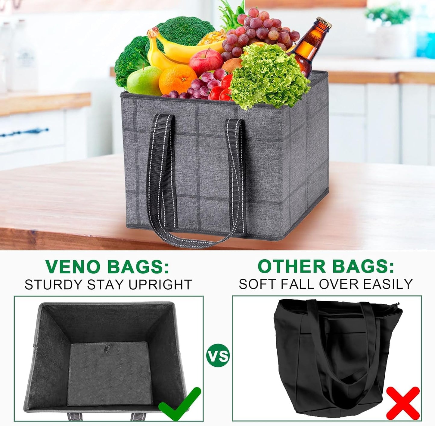 VENO Reusable Grocery Bags - Heavy-Duty Utility Tote with Handles, Water Resistant | 3 Pack, 6 Gallon