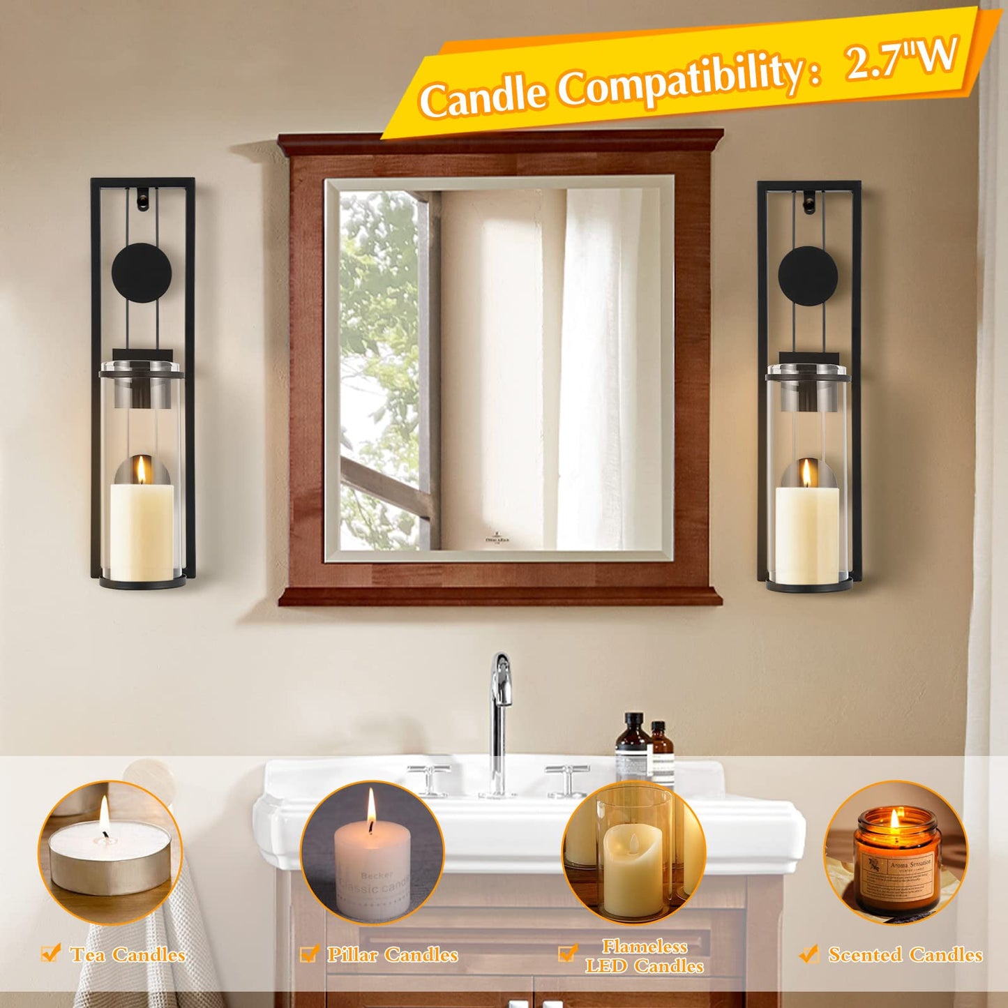 Candle Sconces Wall Decor Set of 2 Black Candle Holders Glass & Metal Candle Wall Sconces Hanging Candle Holders, Fireplace Mantel Decorations for Living Room Dining Room Kitchen Bathroom Bedroom Wall