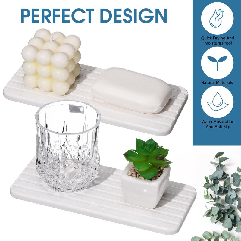 Photect 2Pcs Water Absorbent Diatomite Coasters 8.6x4'' Diatomaceous Earth Drying Ma, Grooved Design Water Absorbing Stone for Home Bathroom Decoration Home Warming Gift (White)