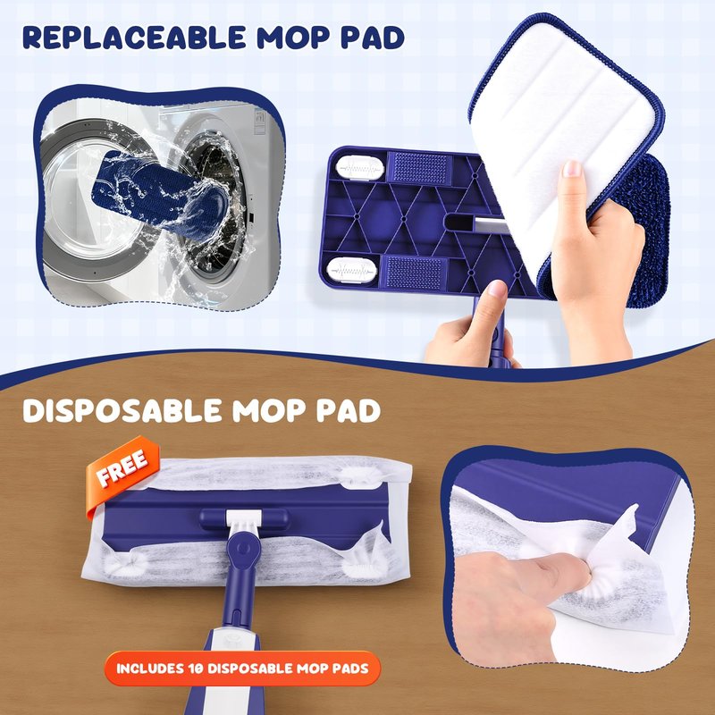 Kids Spray Mop - Chores Chart Set Montessori Cleaning Toy Set with Real Water Sprayer 2PCS Washable Pads and 10PCS Disposable Mop Pads for Ages 3-8 (Blue)