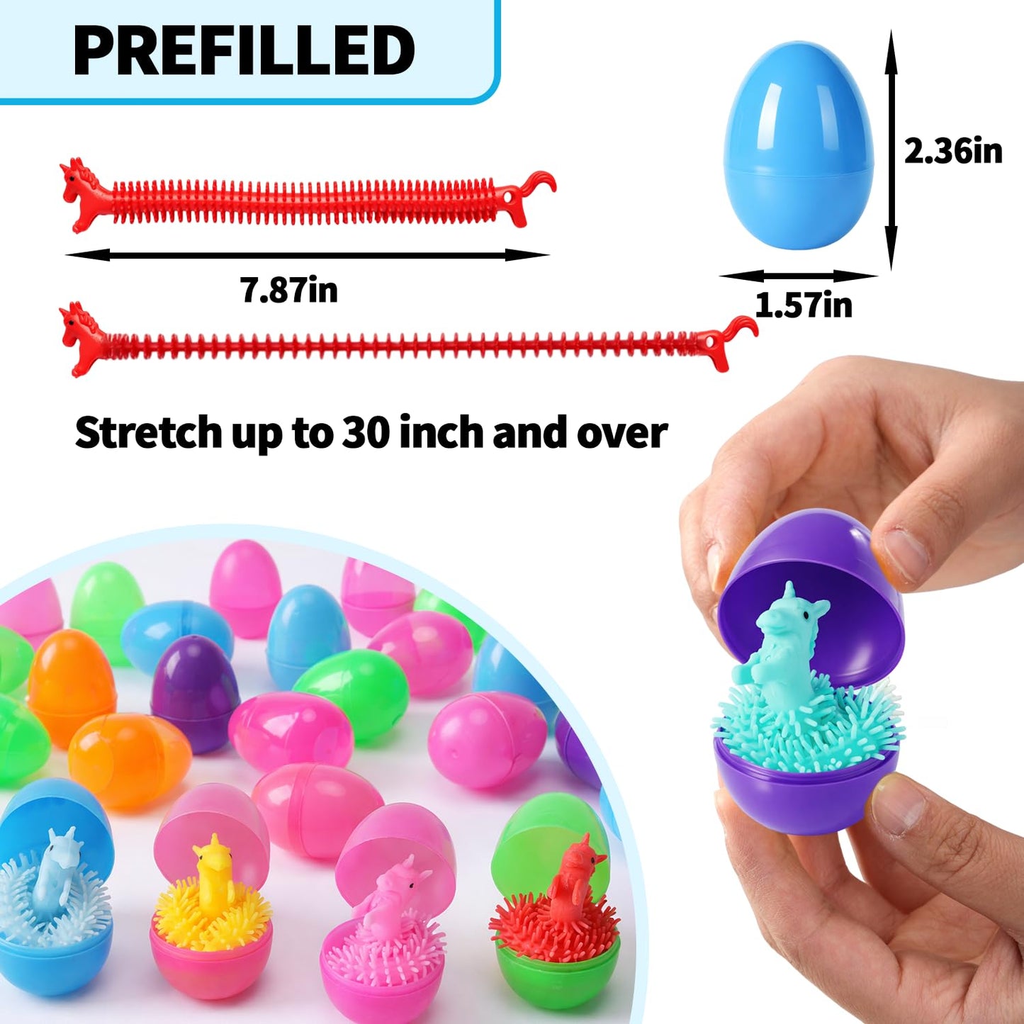 Yunfan 24 Pack Prefilled Easter Eggs with Dinosaur Stretchy Strings Fidget Toys Stress Reliever Sensory Squeeze Toys for Easter Basket Stuffers Egg Hunt Party Favors Birthday Gifts