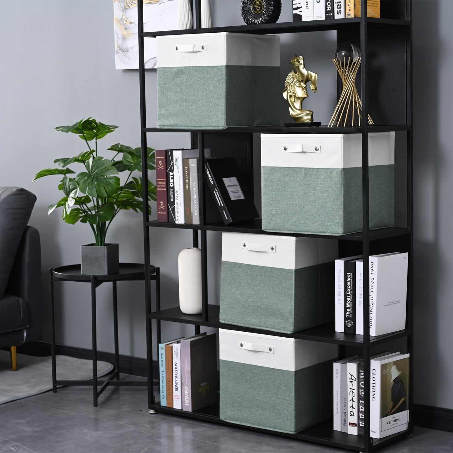 FinishingBo 13 x 13 Inch Fine Linen Storage Bins with Handles,Fabric Cube Boxs,Basket Organizers for Shelves for Home, Closet Drawers (White/Green-4 Pack )