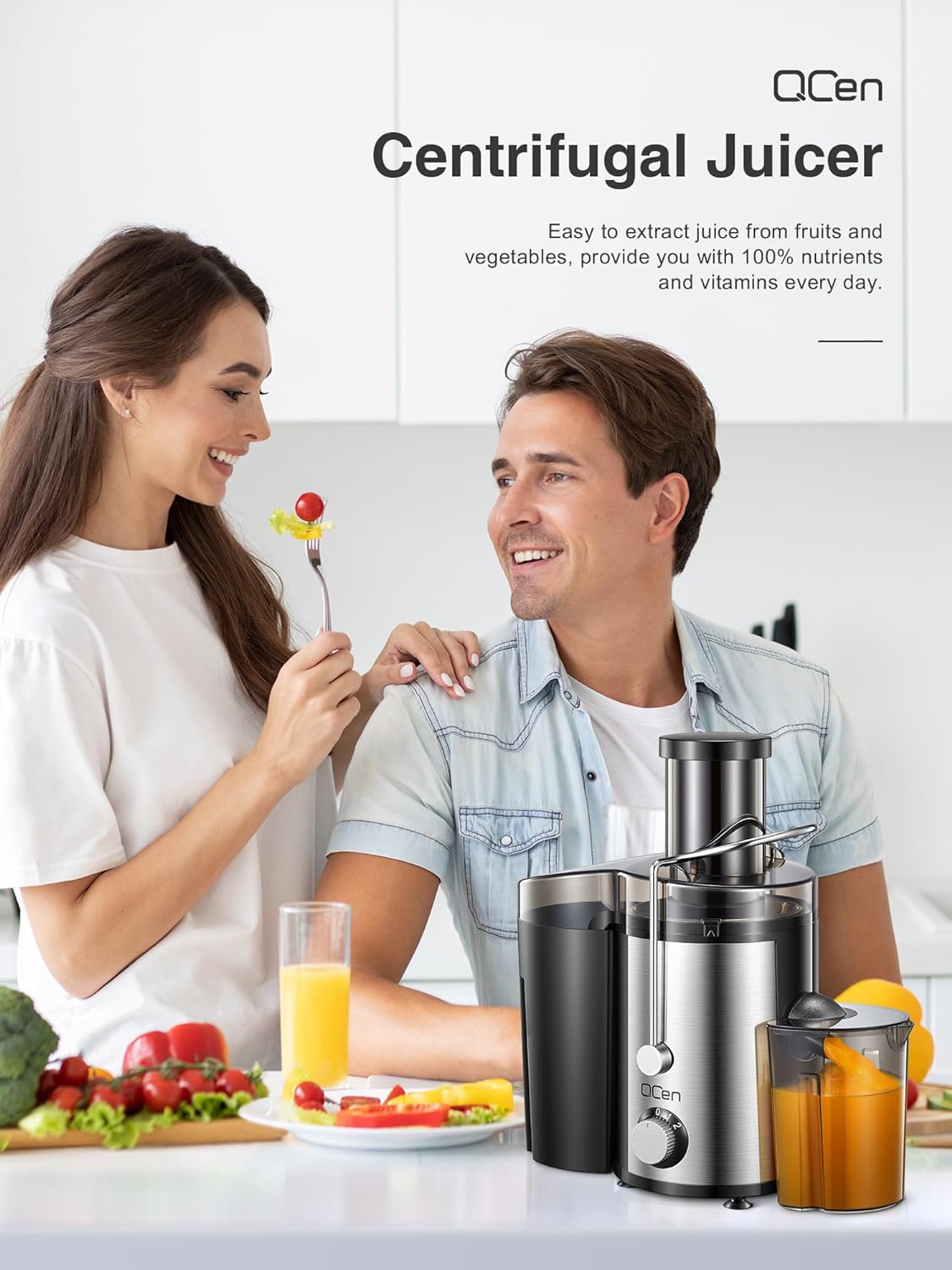 Qcen Juicer Machine - 800W Centrifugal Juicer with 3” Wide Mouth Feed Chute | Easy to Clean, BPA-Free, Black