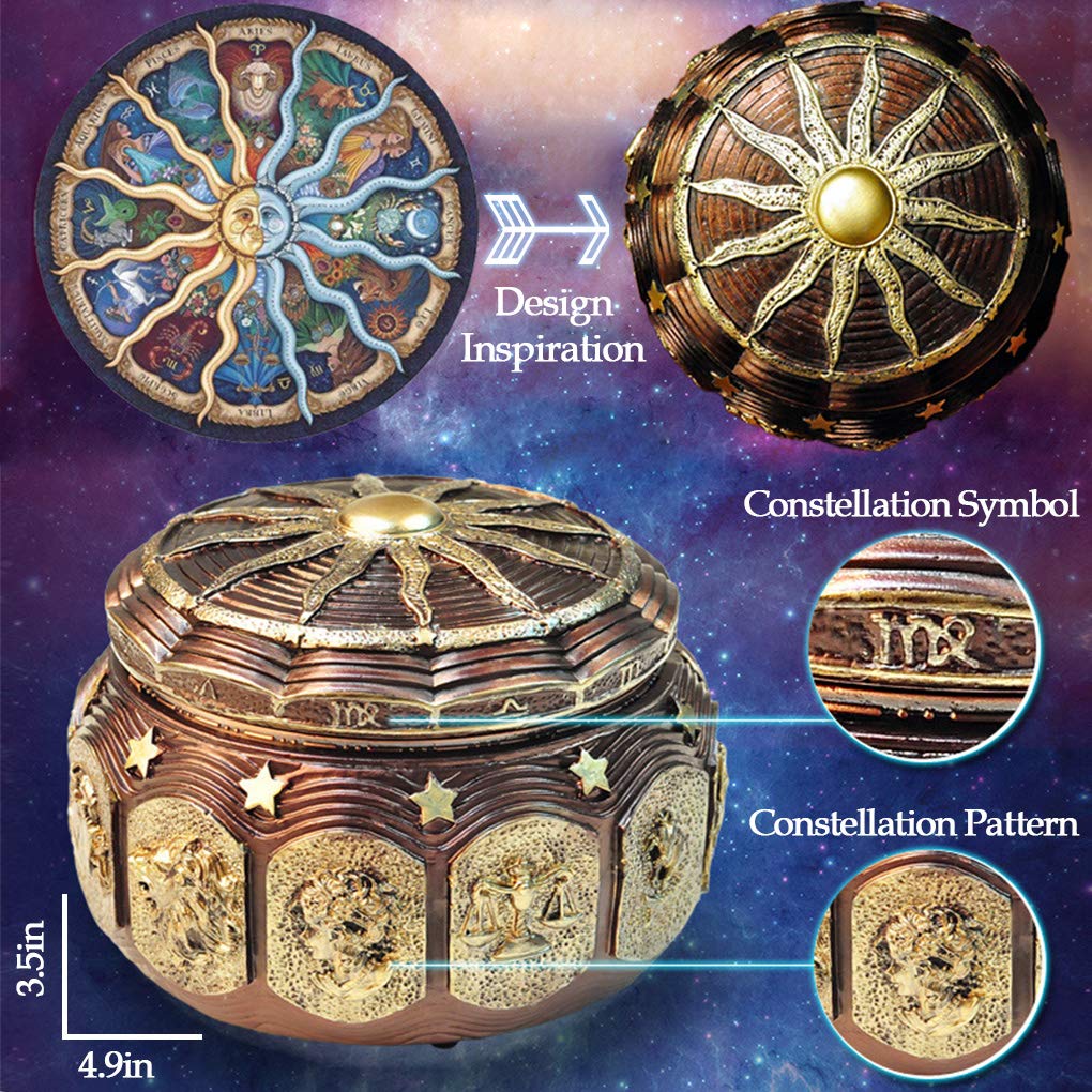 Briskfeel Vintage Music Box with Constellations Rotating Goddess LED Lights Twinkling Resin Carved Mechanism Musical Box with Sankyo 18-Note Wind Up Signs of The Zodiac Gift for Birthday (A1 Vintage)