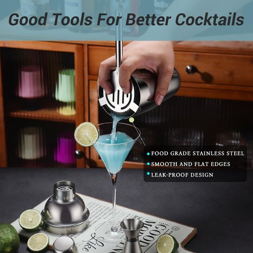 Cocktail Shaker Set Bartender Kit with Stand, 12 Piece Drink Mixer Set with Stainless Steel Bar Accessories Tools: 25oz Martini Shaker Jigger Strainer Spoon Muddler for Cocktails (Silver)