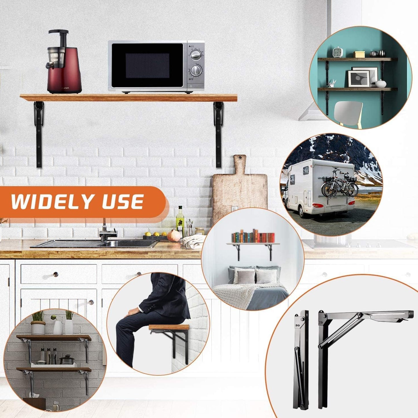 Ultrawall 24-Inch Black Folding Shelf Brackets - Heavy-Duty Adjustable Steel | Max Load 550 lbs