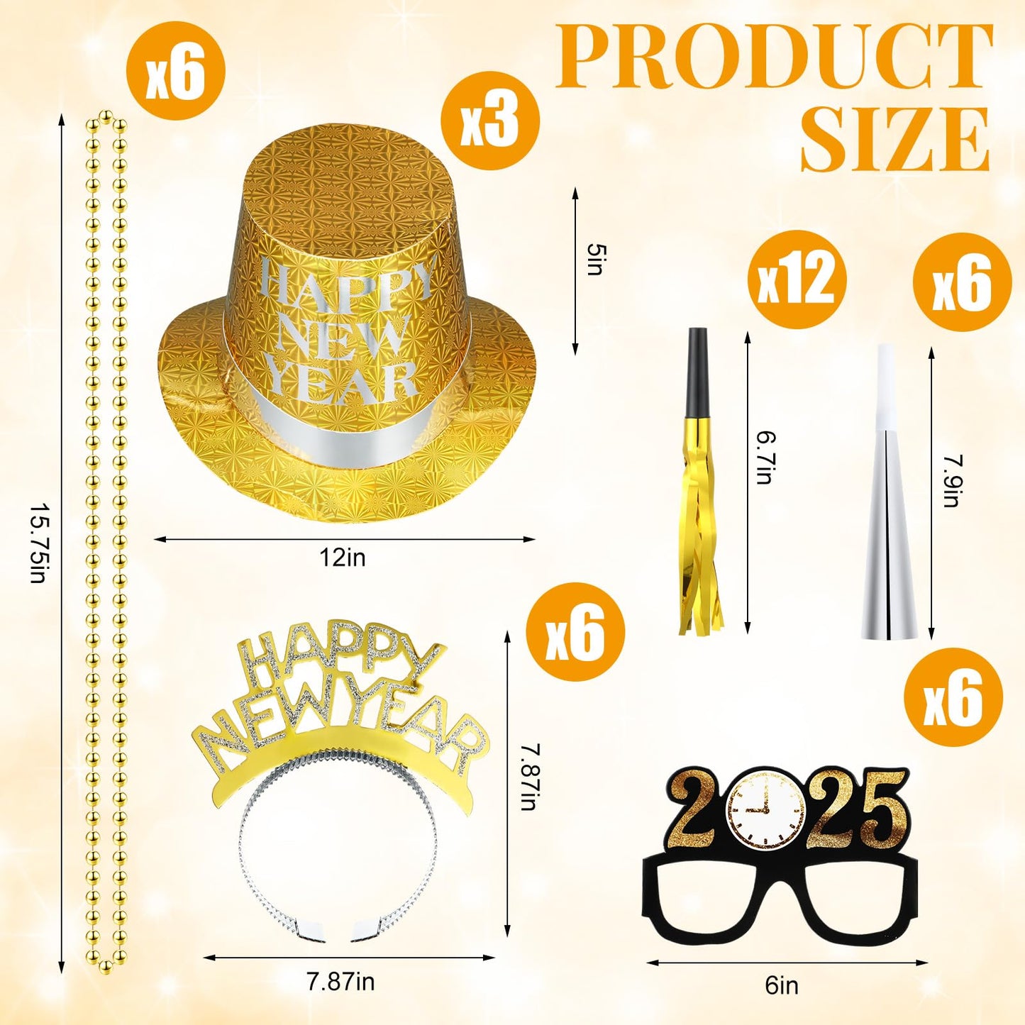 ShinyMatch 39 Pcs New Years Eve Party Supplies 2025 New Year Decorations 12 Noise Makers 3 Black Silver Gold Party Hats 6 Tiaras 6 Necklaces 6 New Year Glasses 6 Horns for New Year Favors(Eve Hat)