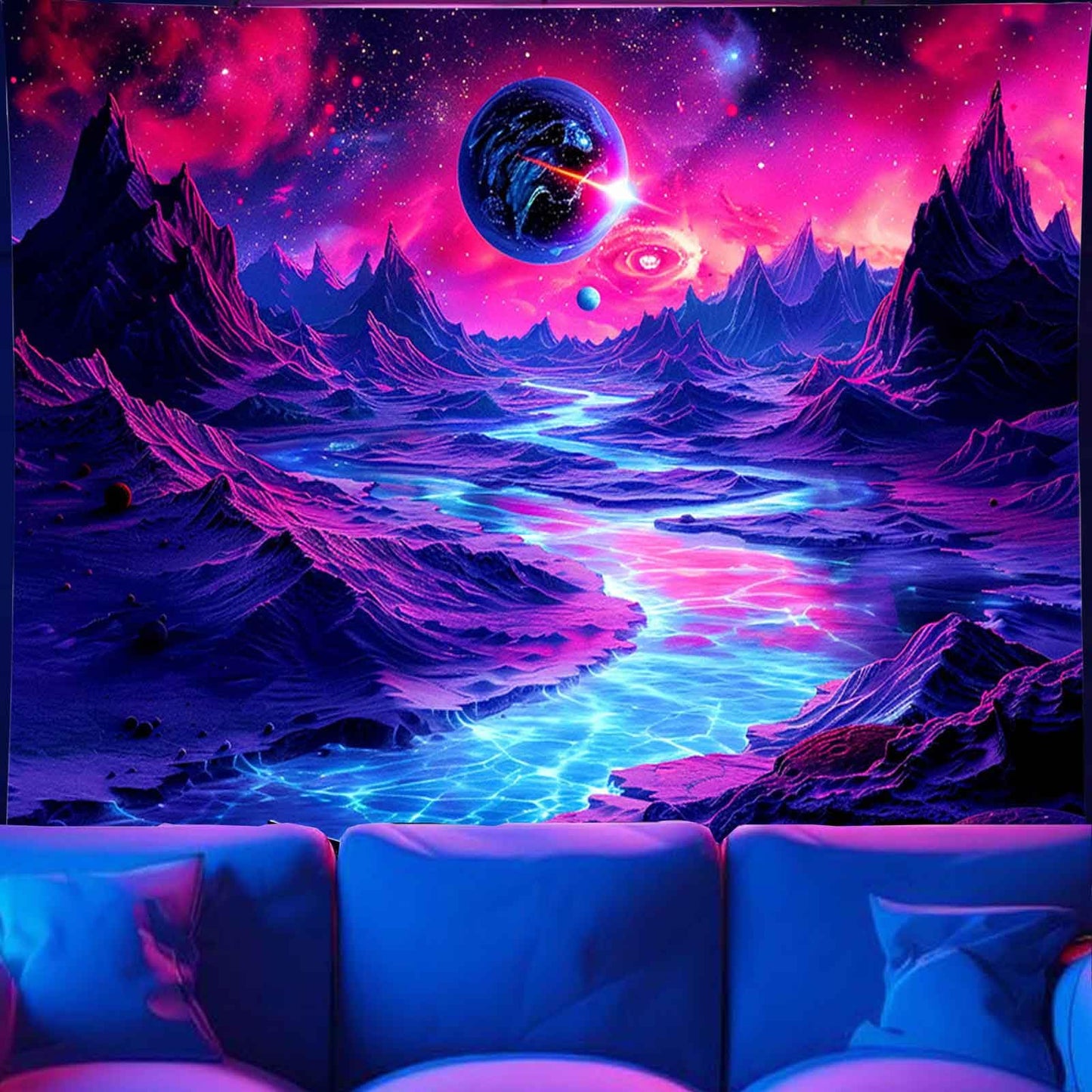 TUGCAY Blacklight Planet and Mountain River Tapestry Galaxy Space Tapestries UV Reactive Fantasy Nature Landscape Tapestry Wall Hanging for Room Home Decor(70.9"x90.6")