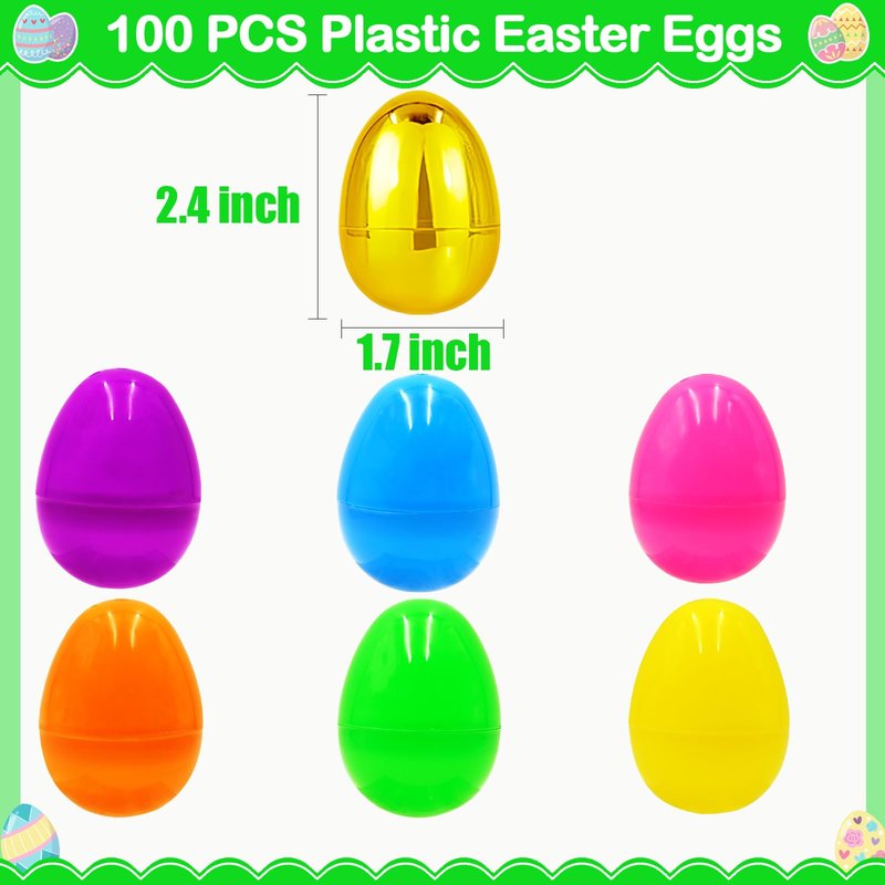 ZICZLI 100 PCS 2.4" Plastic Easter Eggs with 6 Golden Eggs, Empty Fillable Bright Colorful Eggs for Kids Boys Girls Easter Hunt Classroom Prizes Basket Stuffers Easter Party Favors
