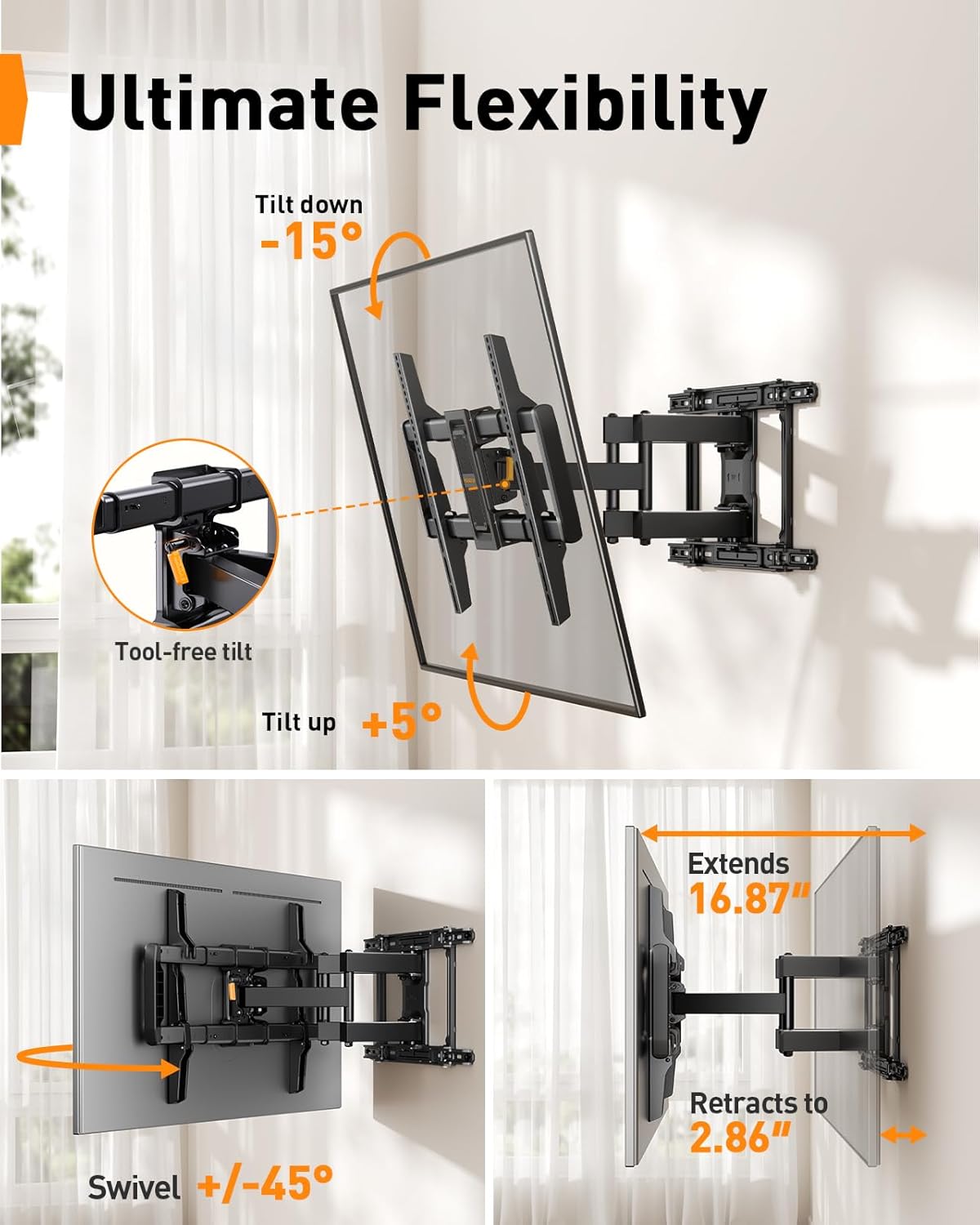 Perlegear Full Motion TV Wall Mount - Easy Setup for 42–97 Inch TVs, Swivel & Tilt, Max VESA 600x400mm
