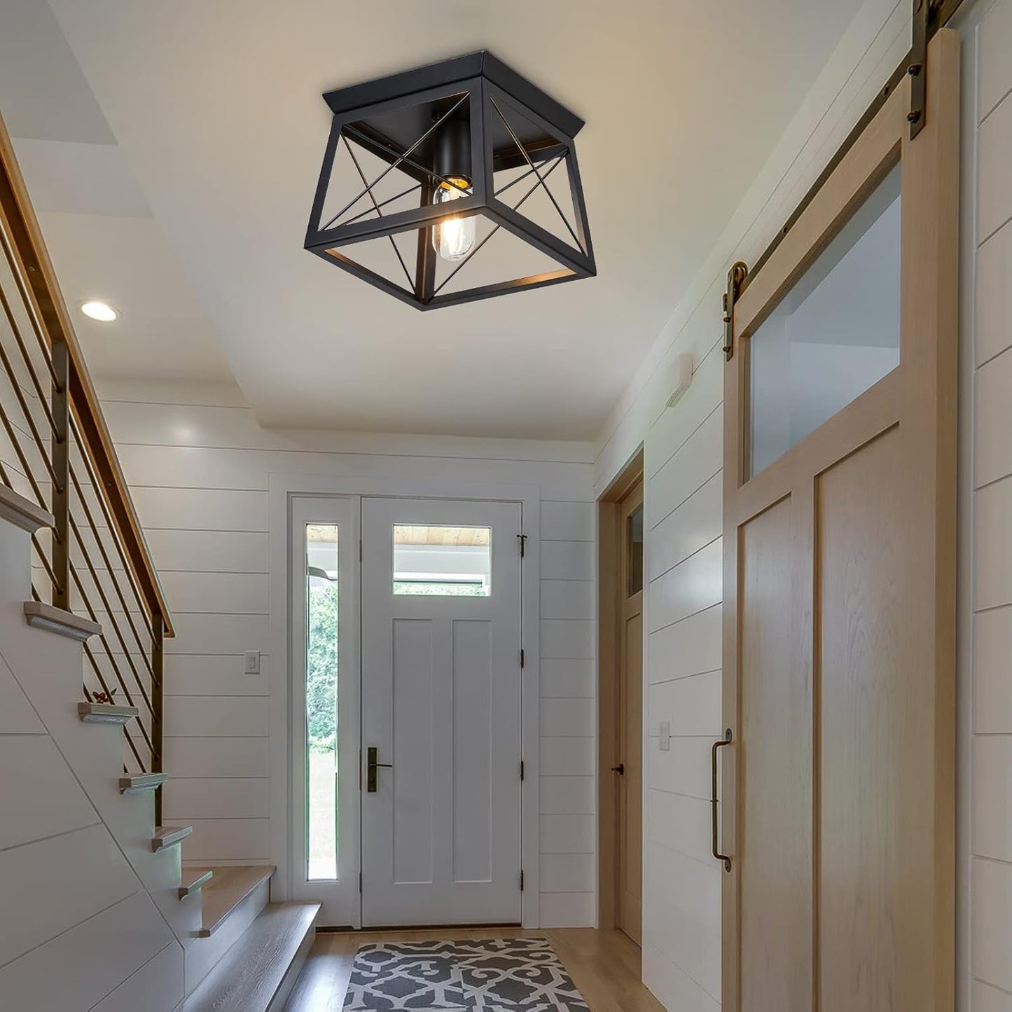Farmhouse Flush Mount Ceiling Light Oak White Ceiling Light Fixtures 2-Light Industrial Vintage Metal-Framed Ceiling Lighting for Hallway Foyer Kitchen Dining Room Bedroom Living Room Laundry