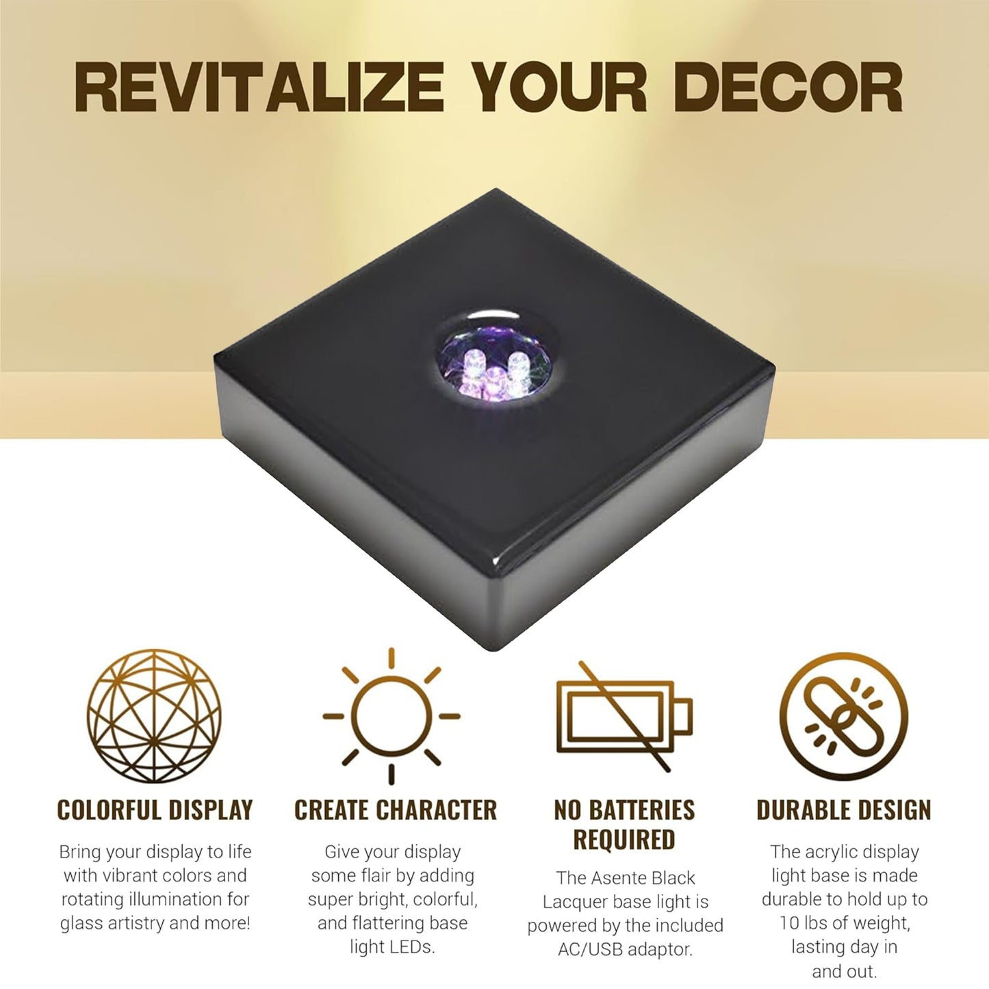 ASENTE 5 LED White Large Light Stand Base - Mirror Top Sqaure Display Pedestal for 3D Crystal Glass Art - AC or Battery Operated - 4 Inch Illuminated Holder - Lighted Paperweight - Small Rock Lamp