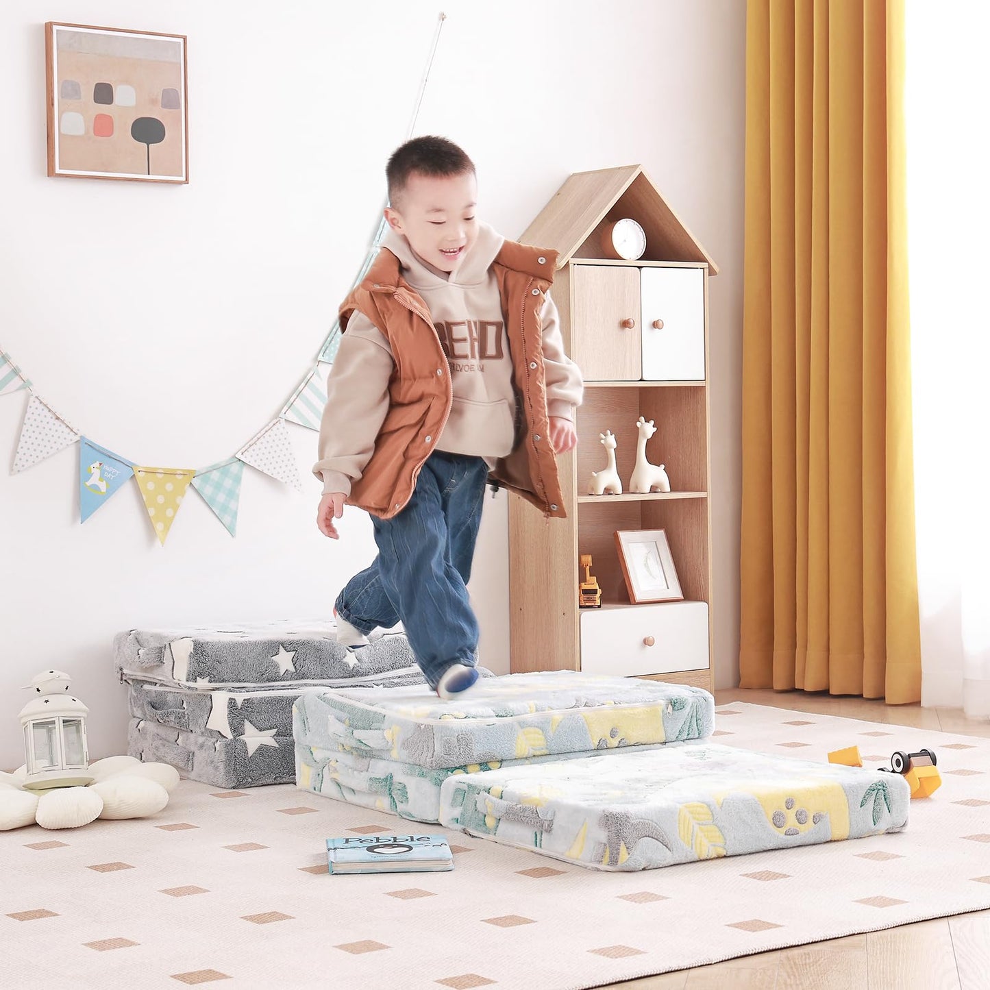Tiita Toddler Foldable Floor Mattress for Kids, Small Floor Nap Mat for Sleeping Daycare, Kids Trifold Chair, Portable Toddler Tri Folding Mattress for Girls and Boys,Blue Cloud