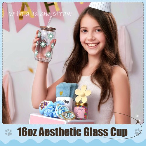 HIDDEN NUTS Birthday Gift for Teen Girls, Happy Birthday Box for Girl, Cute Preppy Stuff for Tween Girls, Christmas, Cute Daisy Aesthetic Glass Cups Tumbler Teen Gals Gifts Set 8pcs