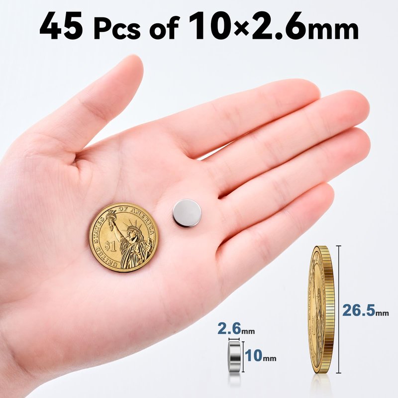 SMARTAKE 45 Pcs Refrigerator Magnets, 10x2.6mm Small Round Fridge Magnets, Multi-Use Premium Neodymium Office Magnets for Fridge, Whiteboard, Billboard in Home, Kitchen, Office and School (Silver)