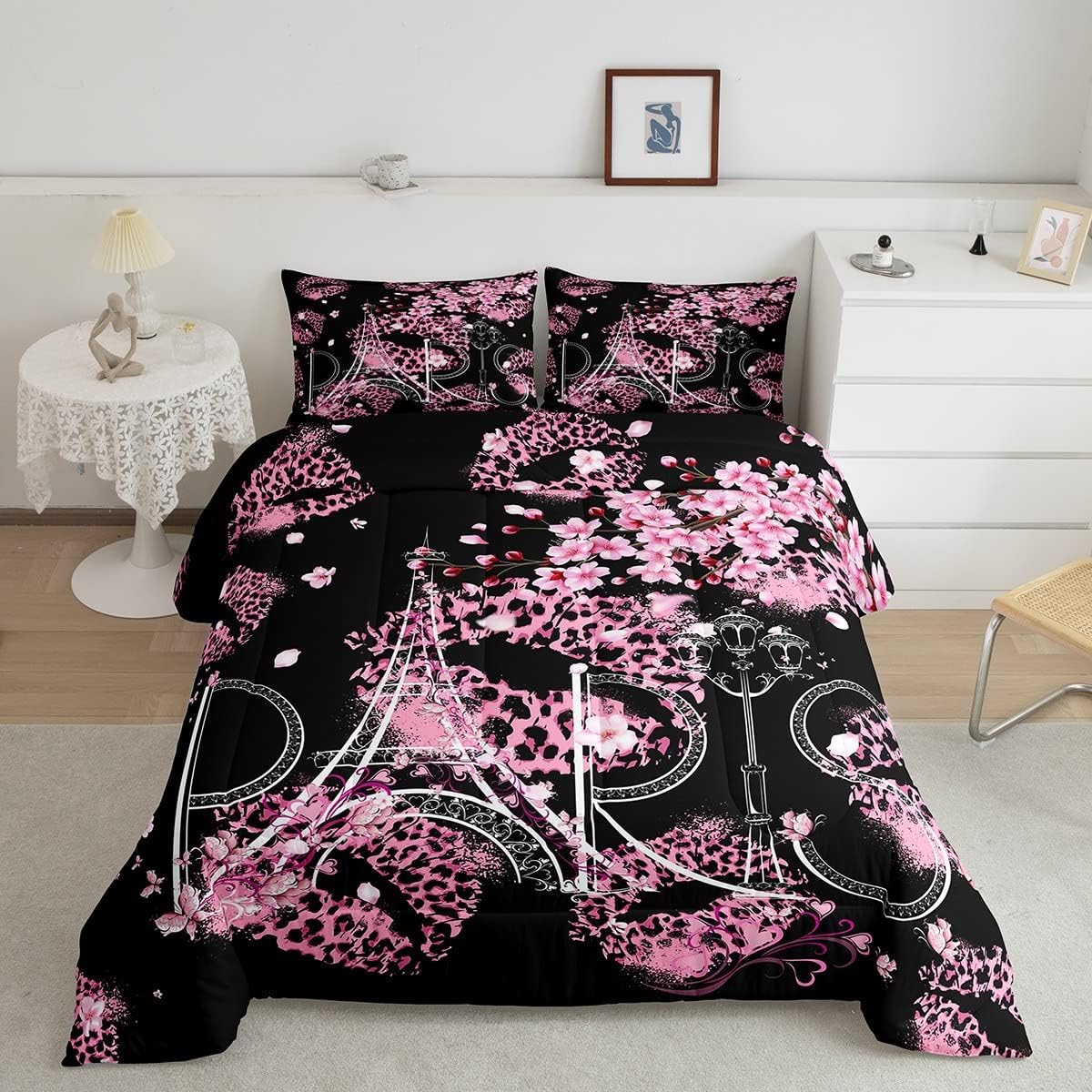 Homewish Dandelion Comforter Set Queen Size,Rustic Natural Bedding Set 3pcs for Kids Teens Girls Boys Room Decor,Butterfly Floral Animal Quilt Set Black and White Duvet Insert with 2 Pillowcases