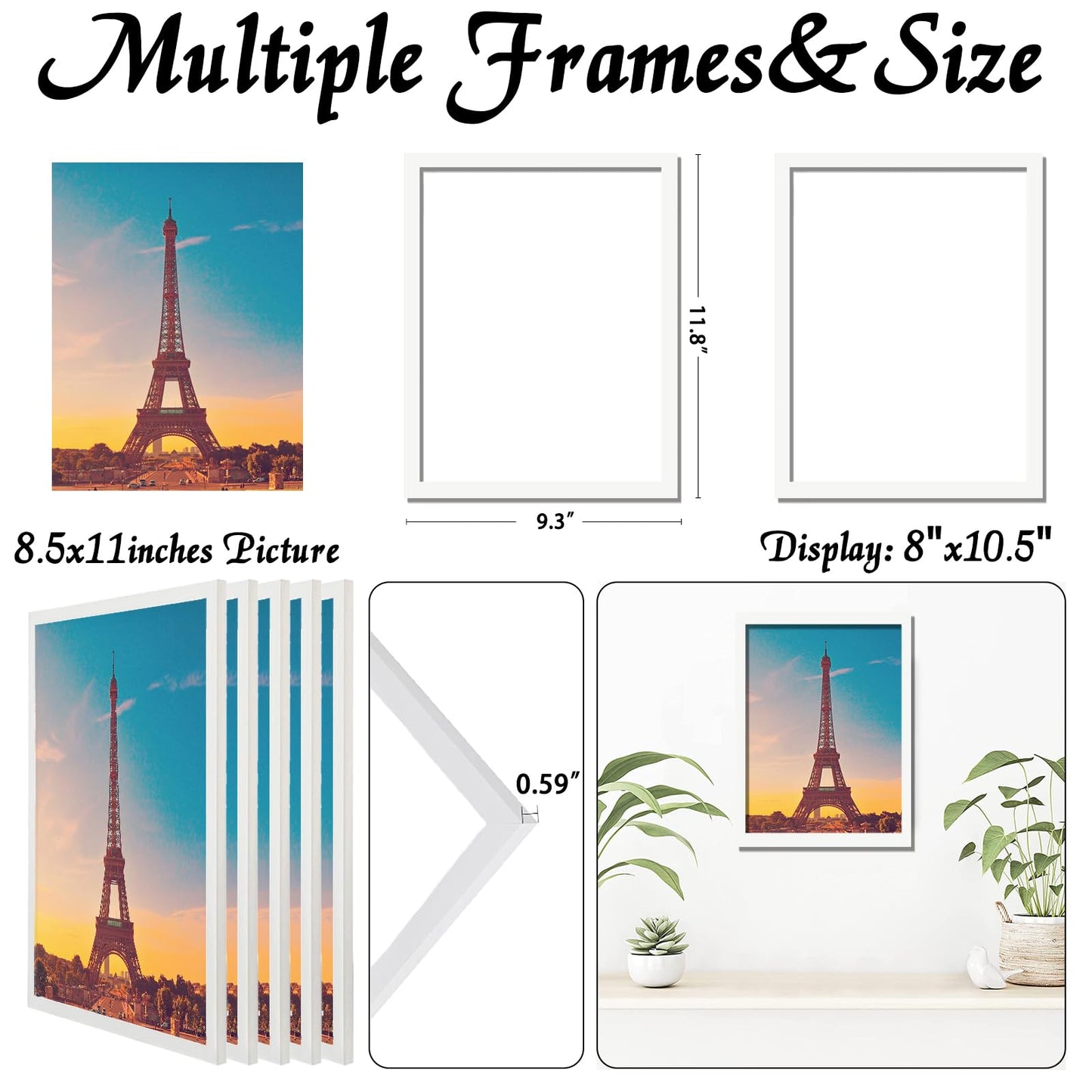 icariery 8.5x11 Picture Frame Set of 5, White Photo Frames High Transparent Wall Gallery Desktop Horizontal Vertical for Canvas Collage Photo Poster Certificate 8.5 x 11 inches