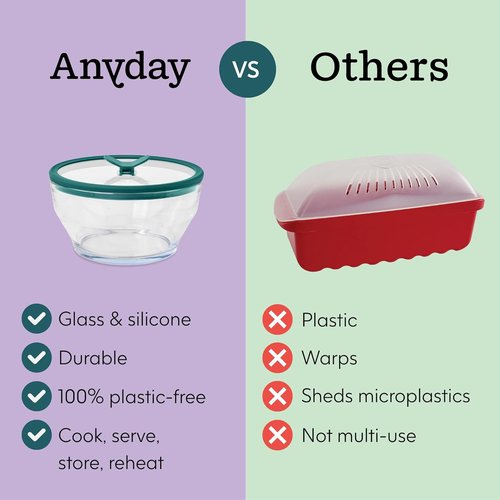Anyday 8 Cup Glass Microwave Pasta Cooker - BPA Free & Plastic Free | Stackable Airtight Nontoxic Storage Container with Vented Lid (Kale)