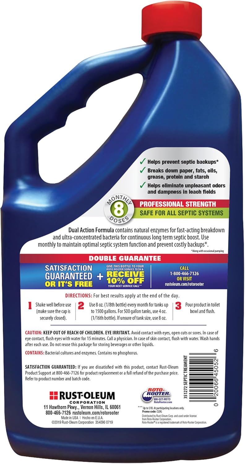 Roto-Rooter Dual Action Septic Treatment - Natural Enzymes for Odor Removal & Buildup Prevention | 64 oz Bottle