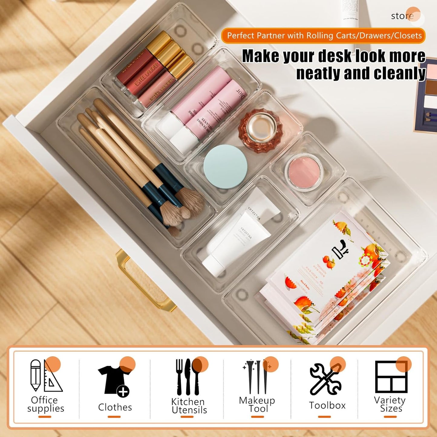 YFXCVSL Drawer Organizer Set - 30 PCS Clear Storage Bins for Makeup, Jewelry & Gadgets | 4 Sizes