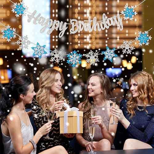 Frozen Snowflake Birthday Decorations Banner Snow Winter Glitter White and Blue Snowflake Happy Banners for Winter Wonderland Party Christmas Birthday Party Supplies Favors