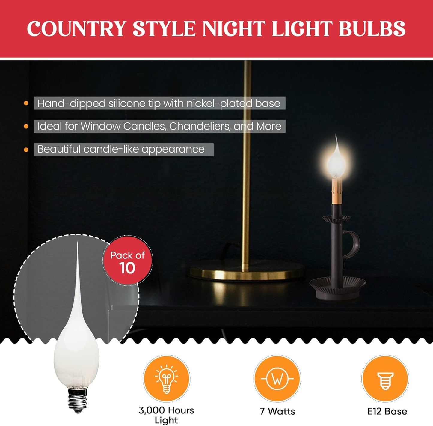 7 Watt Electric Candle Lamp Bulbs - Country Style Silicone Dipped Chandelier Lights (10 Pack)