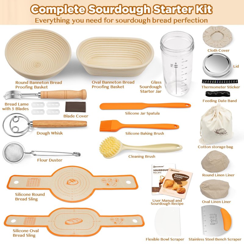 SORON Sourdough Starter Kit, Banneton Bread Proofing Basket with Glass Sour Dough Starter Jar, Sourdough Bread Baking Supplies Tools, 9" Round & 10" Oval Banneton Baskets, Gift Set for Homemade Making