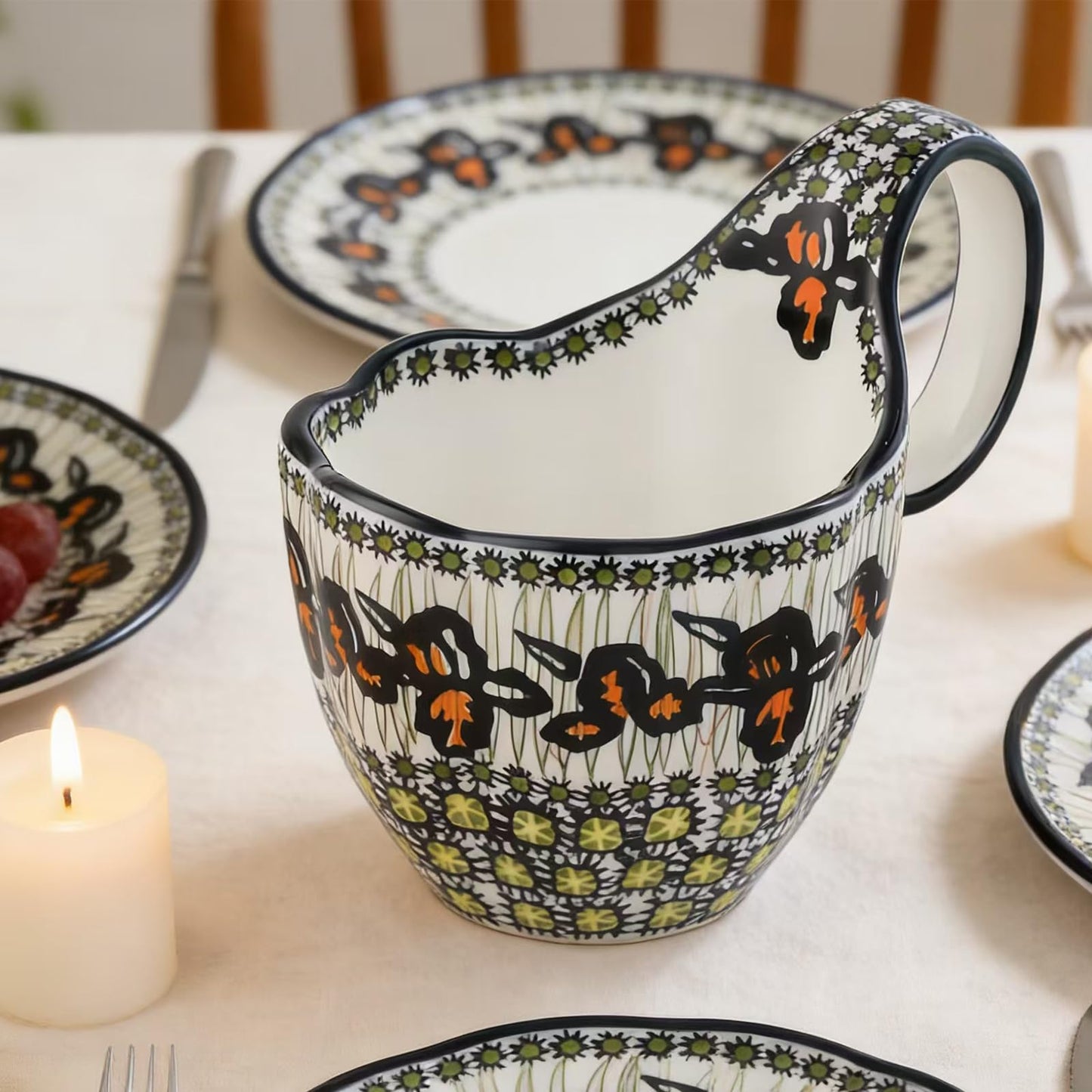 ALMA Ceramic Soup Bowls With Handles, 18oz Microwavable Large Loop Handle Mugs, Decorative Handpainted Floral Soup Bowl For Cereal, Oatmeal, Chili, Snack,Fruits,Ice cream-Orange Irene Theme