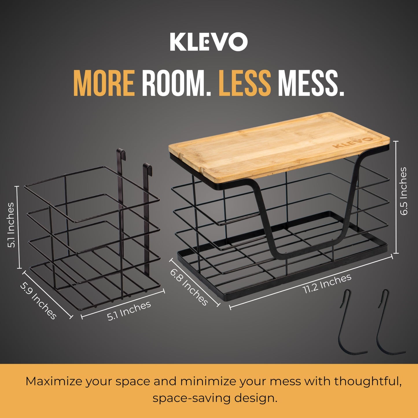 KLEVO 3-in-1 Extra Large Under Sink Trash Bag Holder – Wall Mounted Garbage Bag Dispenser with Detachable Basket & 2 Hooks – Kitchen Cabinet & Laundry Room Organization for 13/33 Gallon Trash Bags
