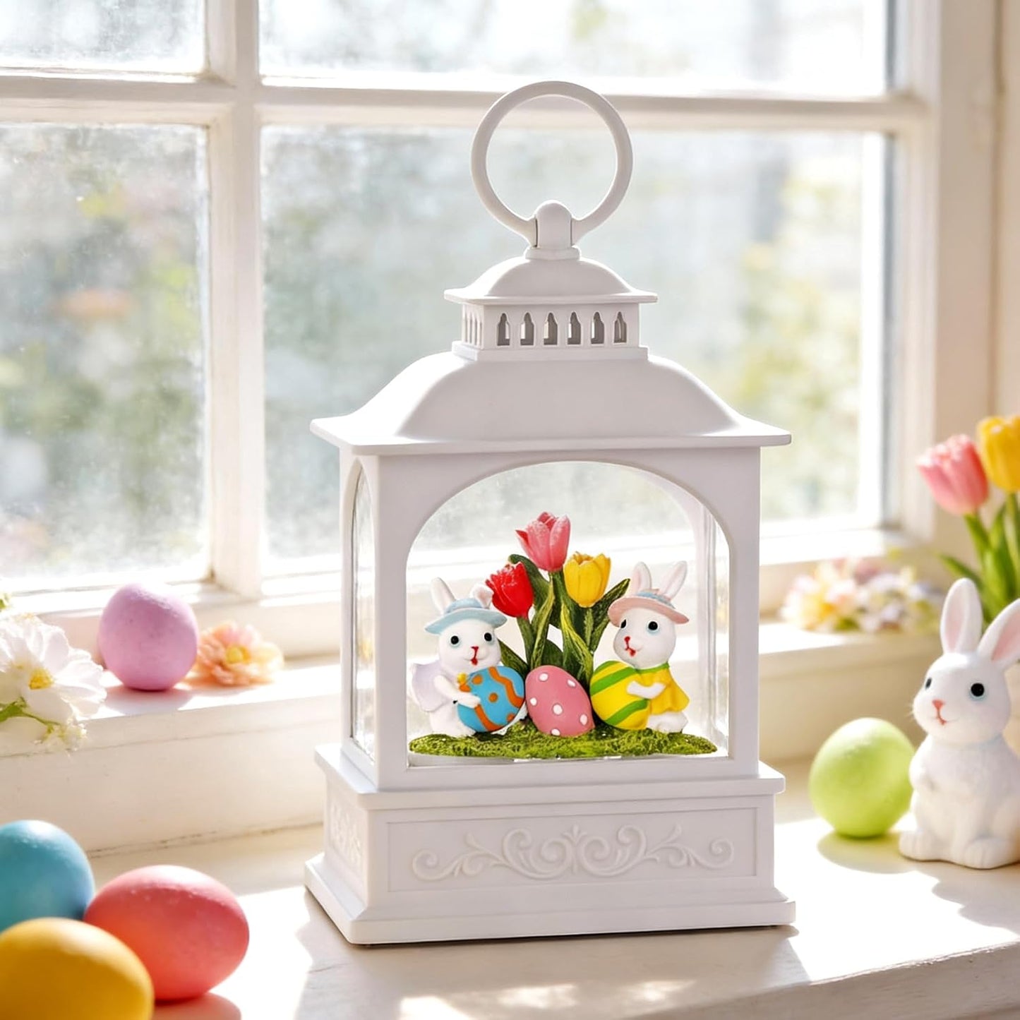 Skiennix Easter Bunny Snow Globe - Glitter Lantern with 6-Hour Timer & Colorful Eggs Decor