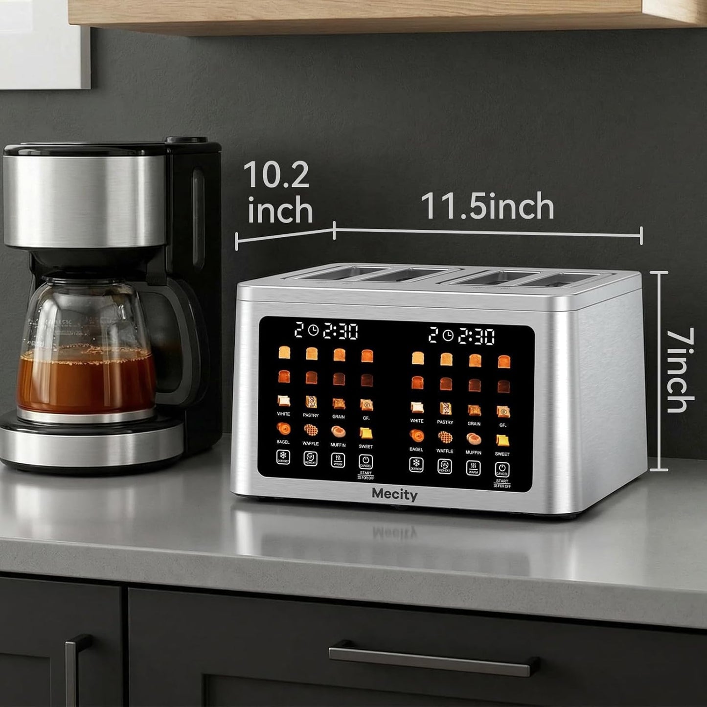 Mecity 4-Slice Toaster - Smart Touch Screen, Dual Control, Auto Shut Off | Perfect for Bagels & Gluten-Free Breads