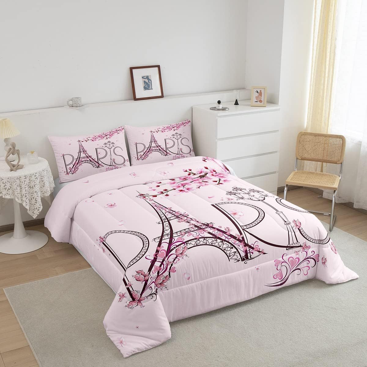 Homewish Dandelion Comforter Set Queen Size,Rustic Natural Bedding Set 3pcs for Kids Teens Girls Boys Room Decor,Butterfly Floral Animal Quilt Set Black and White Duvet Insert with 2 Pillowcases