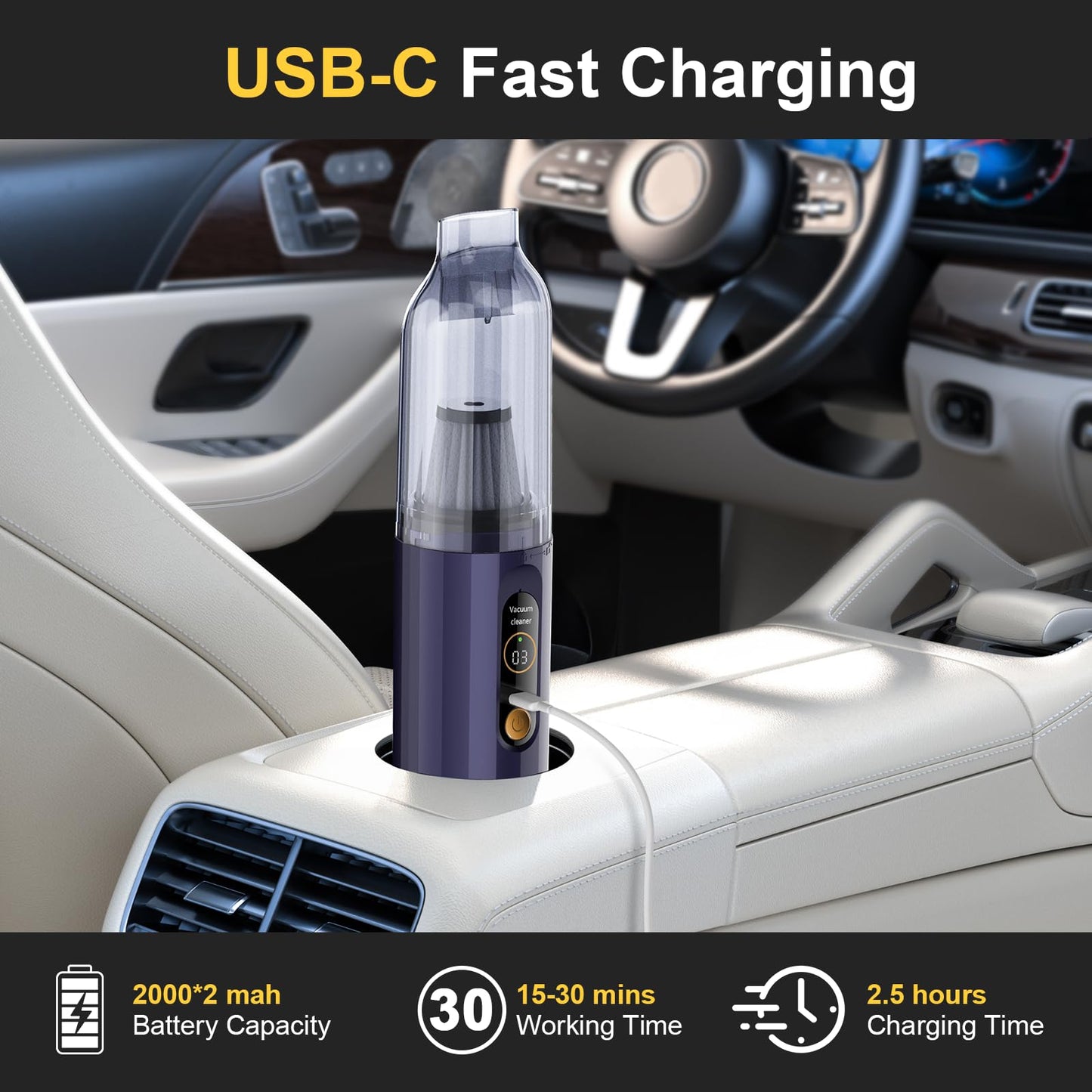 Cordless Handheld Vacuum Cleaner, 12000Pa Portable Car Vacuum with 3 Gear Speed Display, 4 in 1 Small Vacuum/Air Duster/Mini Blower/Hand Pump, Cordless Vacuum Cleaner for Car Keyboard Desk Home