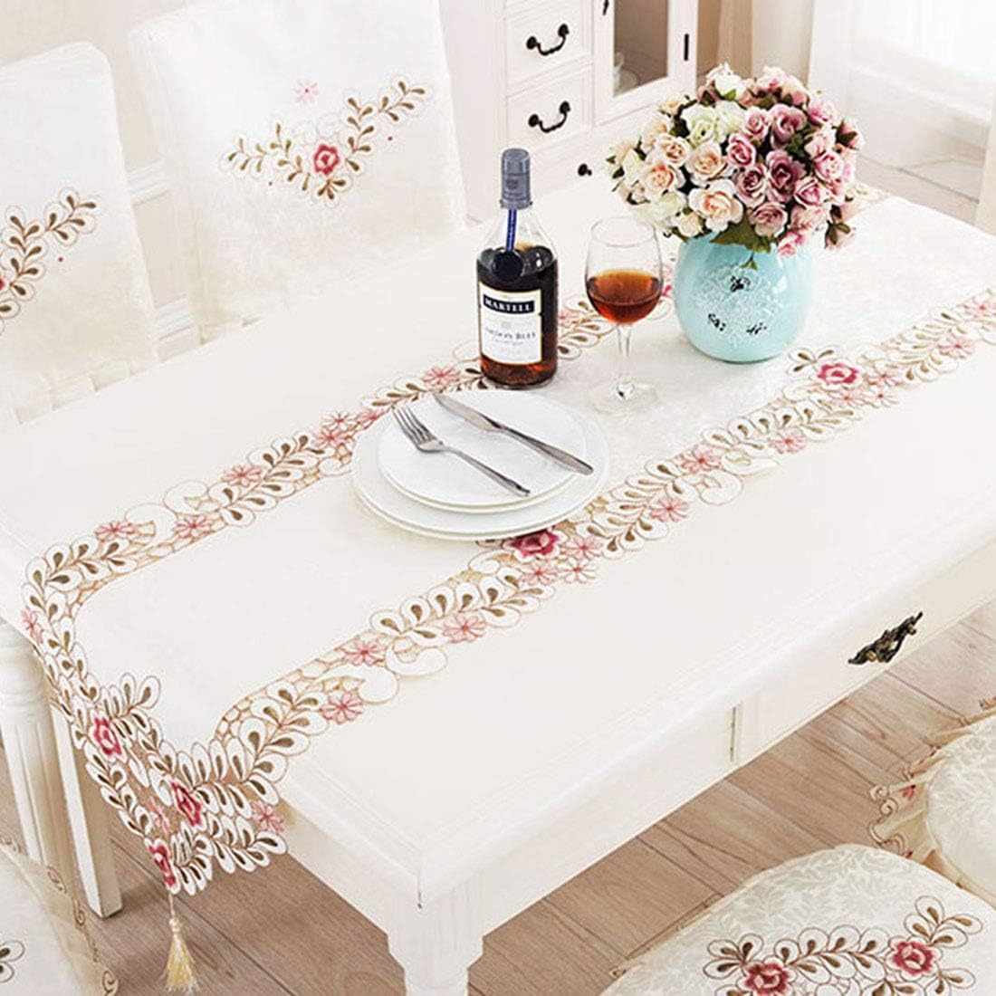 Classic Floral Embroidery Table Runner - 15" x 77" Dark Red Lace Dresser Scarf for Weddings & Home Decor