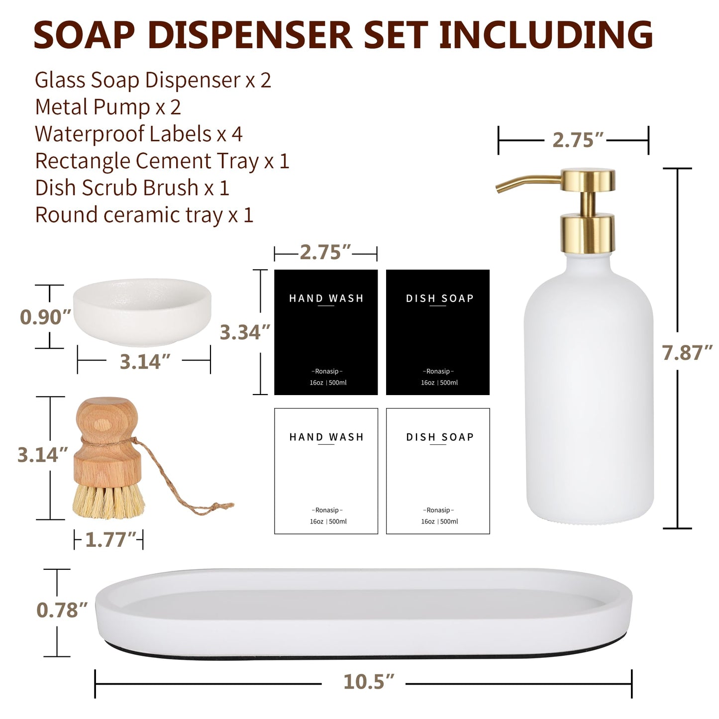 Ronasip Set of 5 Kitchen Soap Dispenser Set 16 Oz Glass Hand Dish Soap Dispenser with Stainless Steel Pump, Cement Tray, Dish Scrub Brush for Farmhouse Rustic Home Bathroom Decor (White)