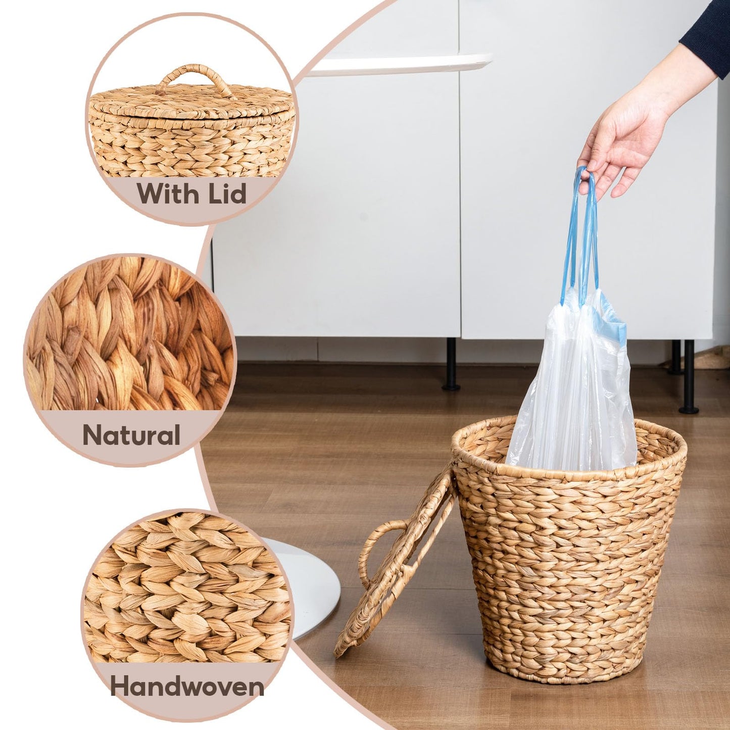 ATEDIR Small Trash Can with Lid, 4 Gallon Waste Basket with Lid, Round Wicker Waste Basket, Handwoven Lidded Trash Can for Bathroom, Bedroom, Kitchen, 2 Pack