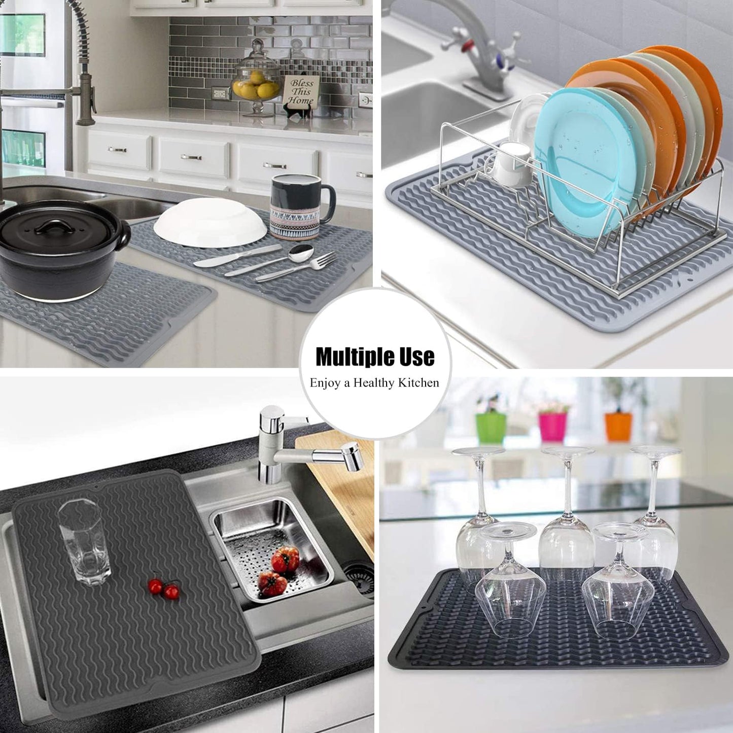 Skiennix Silicone Dish Drying Mat - Non-Slip, Heat-Resistant Kitchen Drainer | Large 16" x 12", Black