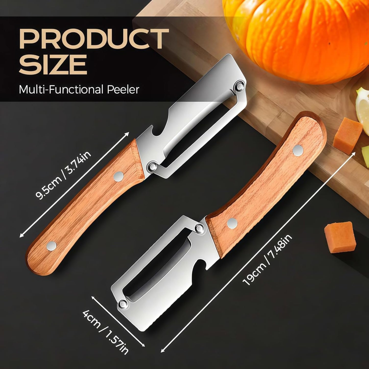 Skiennix Multifunctional Vegetable Peeler - 2 Pcs Wooden Handle with Bottle Opener | Ideal for Fruits & Veggies